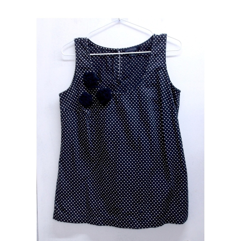 Tommy Hilfiger Navy Blue Polka Do Blouse‎ Rosette Applique V-Neck Top/#26789
